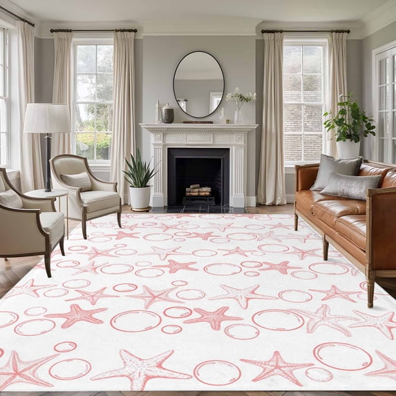 Pink Coastal Area Rugs 8'x10', Washable Small Throw Rugs for Living Room Patio, Starfish Nautical Ocean Sea Wooden Indoor Outdoor Rug Non-Slip Low Pile Carpet Runner Reversible Floor Mats