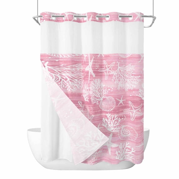 Pink Coastal No Hook Shower Curtain with Snap in Liner, Waterproof Fabric Shower Curtains, Summer Ocean Sea Waves Starfish Corals Shower Curtain Set Top See Through for Bathroom 72"x96"