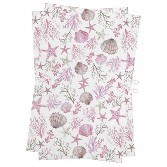Pink Coastal Kitchen Towels Set of 2, Water Absorbent Dish Towel, Beach Nautical Starfish Coral Seashells Decorative Hand Towels - Quick Drying Cloth for Cooking Baking, 18x28 Inch