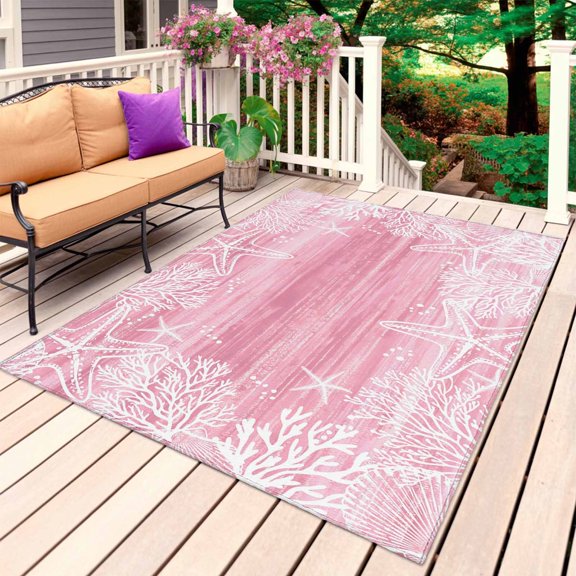 Pink Coastal Outdoor Rug 6x9 Ft, Non Slip Washable Area Rug, Summer Ocean Sea Ombre Starfish Corals Patio Rugs Carpet Runner, Large Floor Mat for Indoor/Outdoor Deck Porch Camping