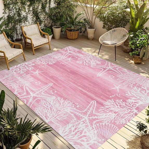 Pink Coastal Outdoor Rug for Patio/Deck/Porch, Non-Slip Large Area Rug 5 x 7 Ft, Summer Ocean Sea Ombre Starfish Corals Indoor Outdoor Rugs Washable Area Rugs, Reversible Camping Rug Carpet Runner