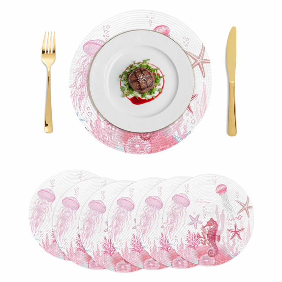 Pink Coastal Round 13 Inch Placemats Set of 6, Summer Ocean Coral Jellyfish Seahorse Starfish HeatResistant Non Slip Place Mats for Dining Table, Wipeable Braided Kitchen Table Mats for Housewarming