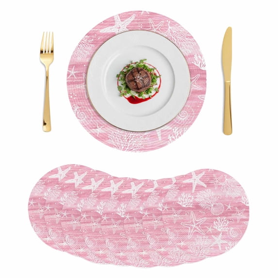 Pink Coastal Round 15 Inch Placemats Set of 8, Summer Ocean Sea Waves Starfish Corals HeatResistant Non Slip Place Mats for Dining Table, Wipeable Braided Kitchen Table Mats for Housewarming
