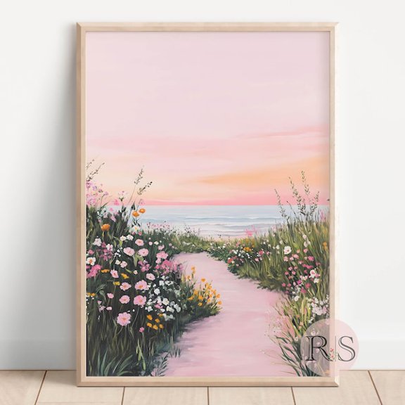 Pink Coastal Seascape Art Print: Spring Wildflower Pink Sky Beach Landscape, Unframed Paper Poster 8x10in