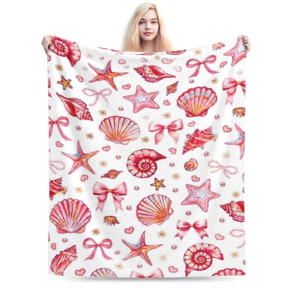 Pink Coastal Seashell Blanket Pink Bow Cozy Fuzzy Warm Beach Throw Blanket for Gift Couch Sofa Bed Home Decor 50x40