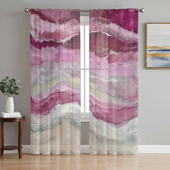 Pink Coastal Semi Sheer Window Curtains 72 Inches Long, Summer Beach Nautical Abstract Art Rod Pocket Voile Silky Chiffon Curtain Light Filtering Drapes for Living Room, Kitchen, 52"x72", 2 Panels