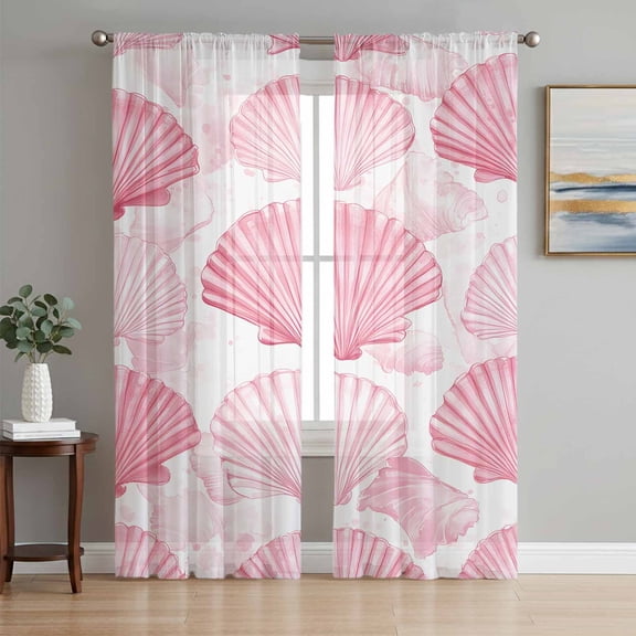 Pink Coastal Shell Sheer Curtains 63 Inch Length 2 Panels Set, Nautical Beach Summer Ocean Voile Window Treatment Rod Pocket Curtains Sheers Drapes for Bedroom/Living Room/Kitchen 52x"63"x2