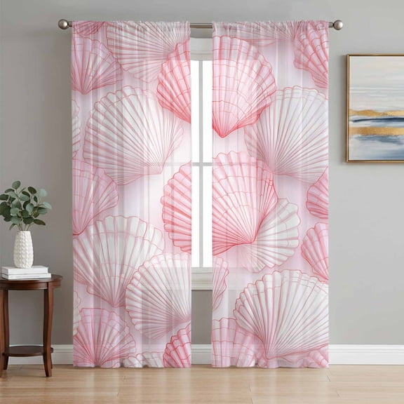 Pink Coastal Shell Sheer Curtains 63 Inch Length 2 Panels Set, Nautical Summer Beach Ocean Voile Window Treatment Rod Pocket Curtains Sheers Drapes for Bedroom/Living Room/Kitchen 52x"63"x2