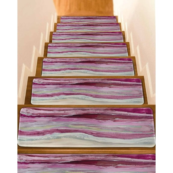 Pink Coastal Stair Treads for Wooden Steps Indoor Runner Rug Carpet, Summer Beach Nautical Abstract Art 4 Pieces Peel and Stick Staircase Step Treads Covers Washable Throw Door Mats, 30"x8"