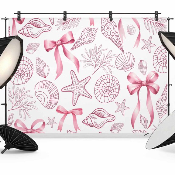 Pink Coastal Starfish Backdrops for Photography, Seashells Coral Ribbon Nautical Marine Life Fabric Photo Background Sturdy Studio Props for Photo Studio, Video Recording, Booth & Photoshoot 7x5ft