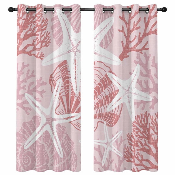 Pink Coastal Starfish Blackout Curtains 96 Inches Long, Sea Shell Coral Summer Beach Thermal Insulated Room Darkening Drapes with Grommets for Living Room 52"W x 96"L, 2 Panels