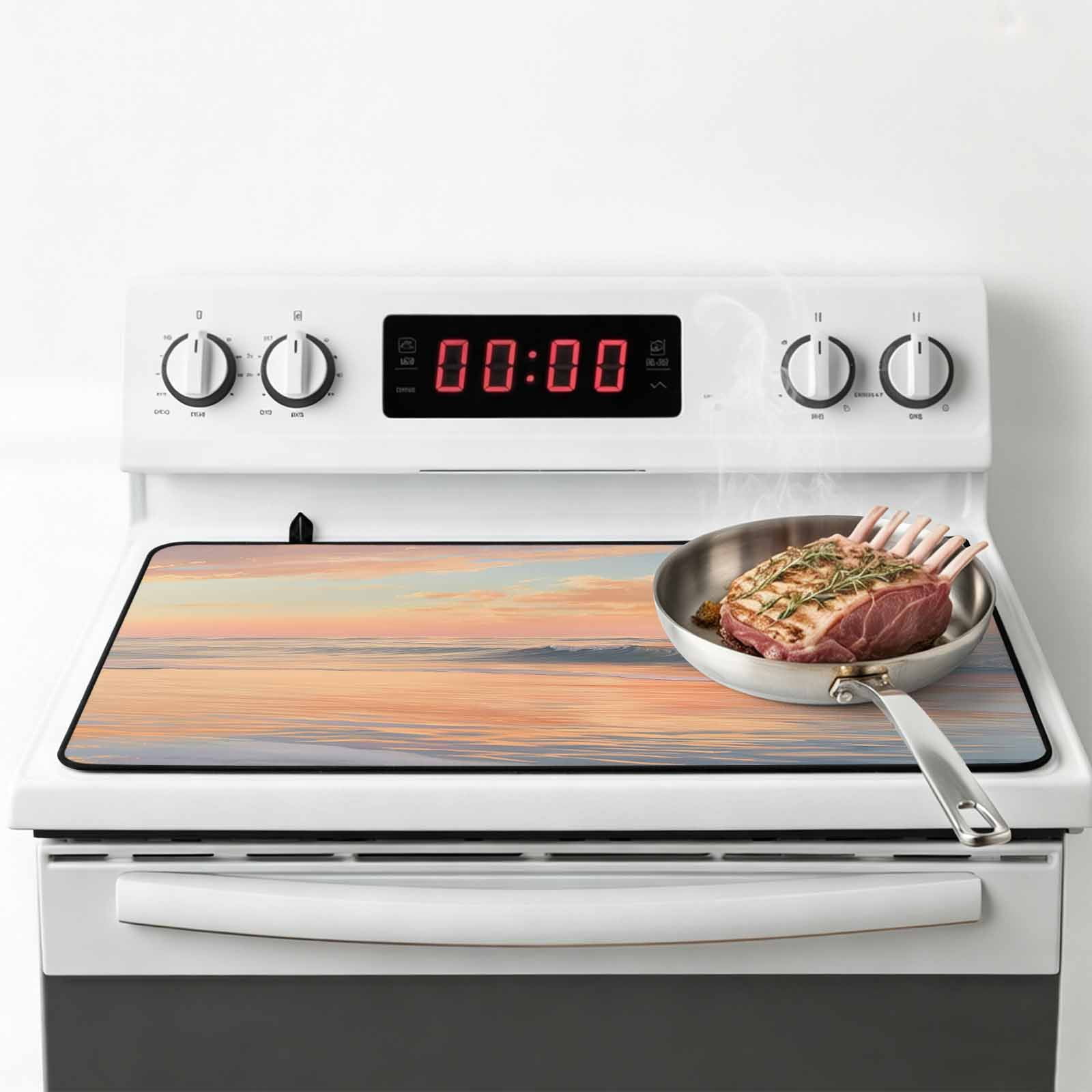 Pink Coastal Stove Top Cover for Electric Stove, Heat-proof & Non Slip Glass Top Stove Cover Protector, Summer Beach Ocean Sky Sea Nautical Kitchen Flat Cooktop Rubber Mat 24x21 Inches