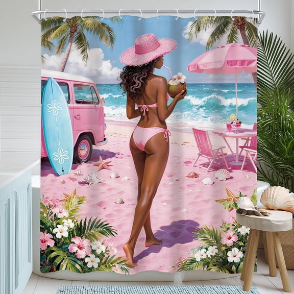 Pink Coastal Summer Floral Starfish Waterproof Shower Curtain