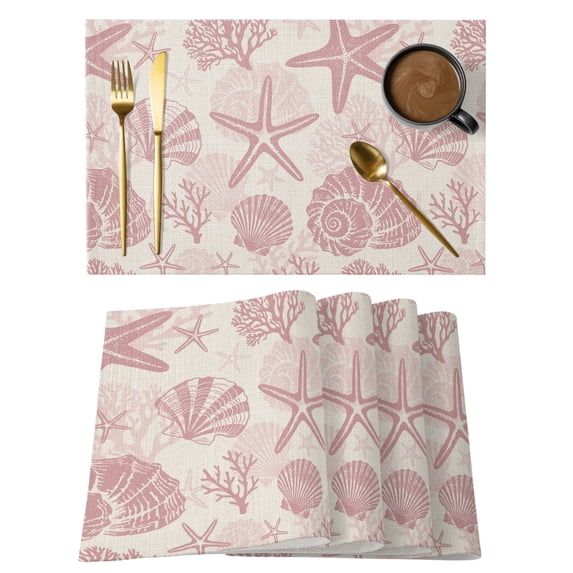 Pink Coastal Summer Placemats Set of 4 Coral Shell Starfish Vintage Place Mats Indoor Wipeable Table Mats Washable Cloth Dining Table Placemats for Kitchen Holiday Party Home Decor 13x19 Inch