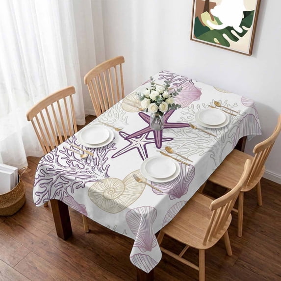 Pink Coastal Table Cloth Waterproof Tablecloths, Summer Beach Starfish Coral Shell Nautical Tablecloth Dining Table Cover for Kitchen Party Tabletop Outdoor, Rectangle Tablecloth 52x70 Inch