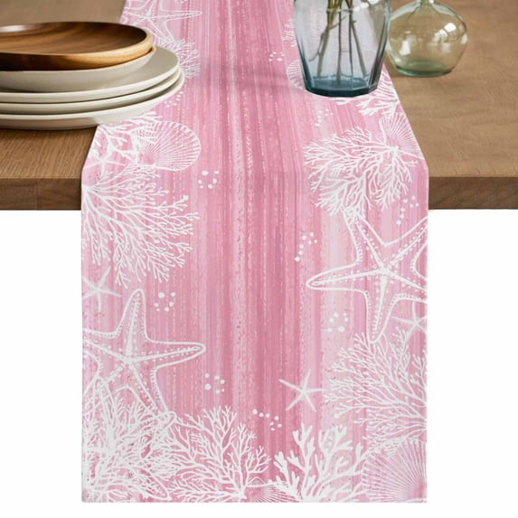 Pink Coastal Table Runner 72 Inches, Summer Ocean Sea Ombre Starfish Corals Bed Runner Dresser Scarves Tabletop for Indoor Outdoor Parties/Ceremony/Banquet, 16" x 72"