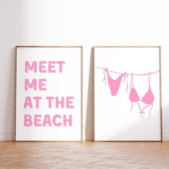 Pink Coastal Wall Art Bikini Print Beachy Decor Meet Me At The Beach Art Preppy Trendy Summer Coquette, Set 2, Poster Only