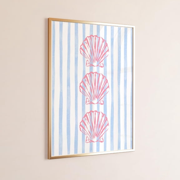 Pink Coastal Wall Art Cute Beachy Dorm Decor Seashell Poster For Room Pastel Blue Striped Poster For Beach House Aesthetic Posters, Unframed Canvas Size 12x18
