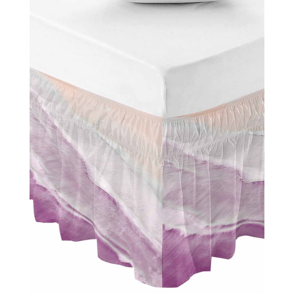 Pink Coastal Wave Wrap Around Bed Skirts for Queen Bed 16" Drop, Bed Skirt with Adjustable Elastic Belt Dust Ruffle Bed Valance for Bedroom Hotel Luxury Summer Modern Ocean Beach Bed Frame Cover