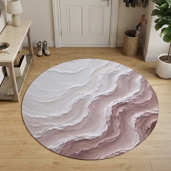 Pink Coastal Waves Round Area Rug 3Ft Small Circle Rugs for Kitchen Entryway, Abstract Modern Ocean Layered Plaste Art Non-Slip Carpet Floor Mats Indoor Outdoor Carpet Runner Aesthetic Home Decor