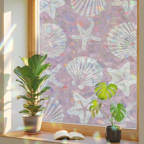 Pink Coastal Window Privacy Film, Starfish Shell Ocean Nautical Stained Glass Rainbow Film Decorative Window Clings, Static Cling Sun Blocking Stickers 23.6" x 59"