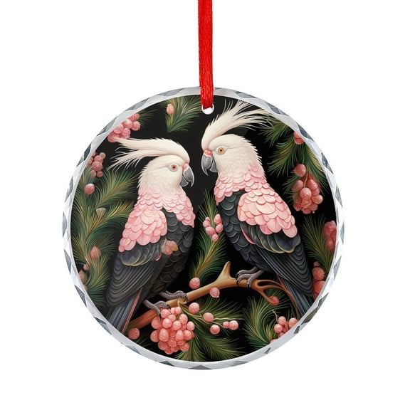 Pink Cockatoos With Christmas Trees Crystal Glass Christmas Ornament Hello Winter Holiday Round Glass Christmas Ornaments Hanging Ornaments for Holiday Decoration