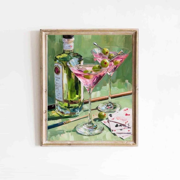 Pink Cocktail Art Print: Gin, Pool Table, Game Night Decor Poster Vintage Style, Poster Only