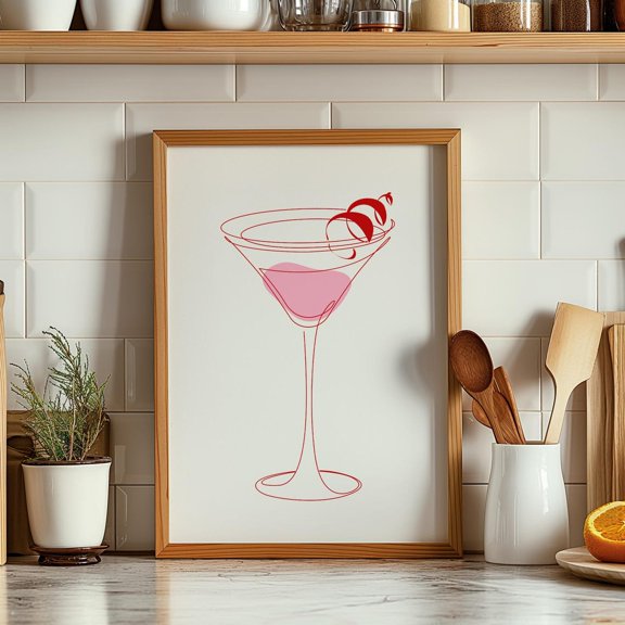 Pink Cocktail Line Art , Minimalist Bar Decor Unframed Paper Print