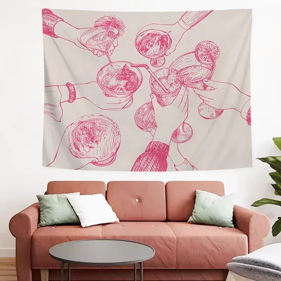Pink Cocktail Party Sketch Tapestry, 3729 Inches, Retro Bar Wall Hanging for Kitchen Dining Room Decor