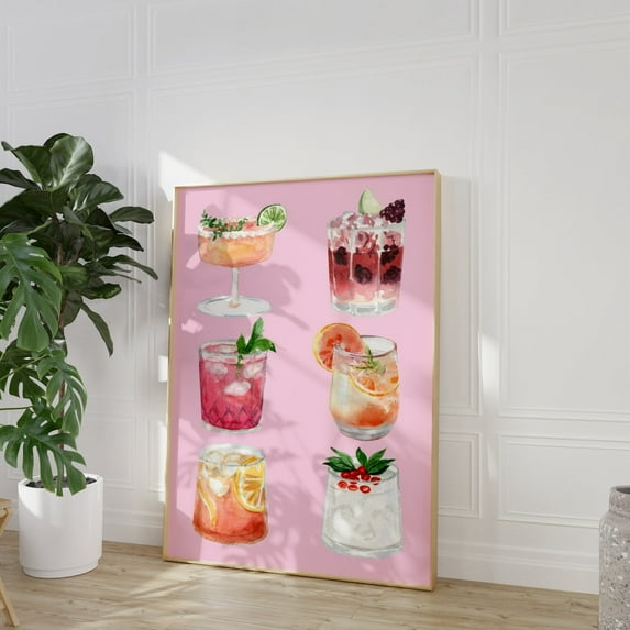 Pink Cocktail Poster, Dining Room Bar Cart Cool Cozy Cheer Cin Cin Kitchen Poster, Fancy Alkohol Girly Aesthetic Poster Room Decor, Size 16x24 UNFFRAMED F03.1.7l2946