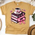 thumbnail image 1 of Pink Coffee & Books Shirt – Cute Reading Lover Bow Tee for Women, Gold, Size L, 1 of 6