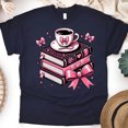 thumbnail image 1 of Pink Coffee & Books Shirt – Cute Reading Lover Bow Tee for Women, Navy, Size M, 1 of 6