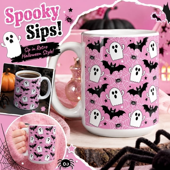 Pink Coffee Mug Halloween Decorations, Spooky Sips Ceramic Tea Cup with Cute Ghost Bat Spider Web Print, Halloween Office Desk Home Decor, Fall Gothic Birthday Gift for Family