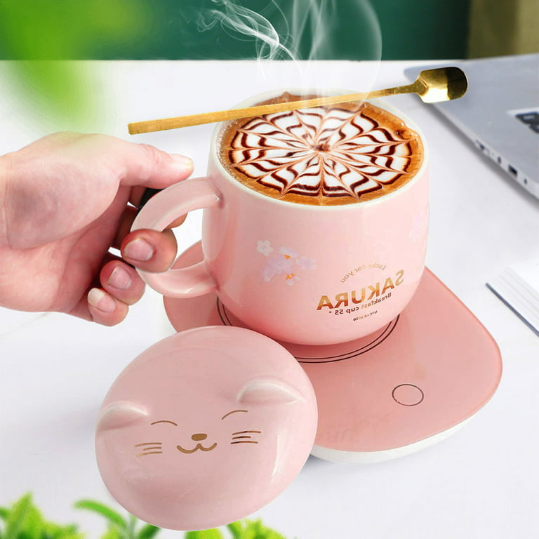 Pink Coffee Mug Warmer, Smart Coffee Cup Warmer for Desk Auto Shut Off with  Gravity Temperature Control Function and Cat and Cherry Flower Pattern,  Ideas Christmas Gifts 