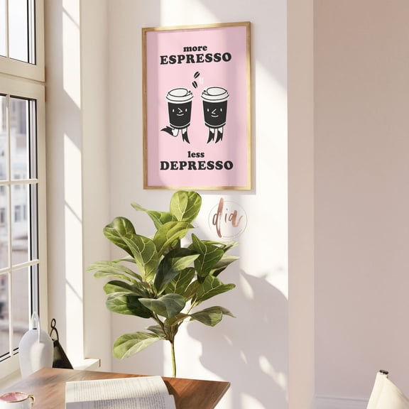 Pink Coffee Poster Retro Kitchen Art More Espresso Less Depresso Aesthetic Wall Sign 2 Unframed Paper Print