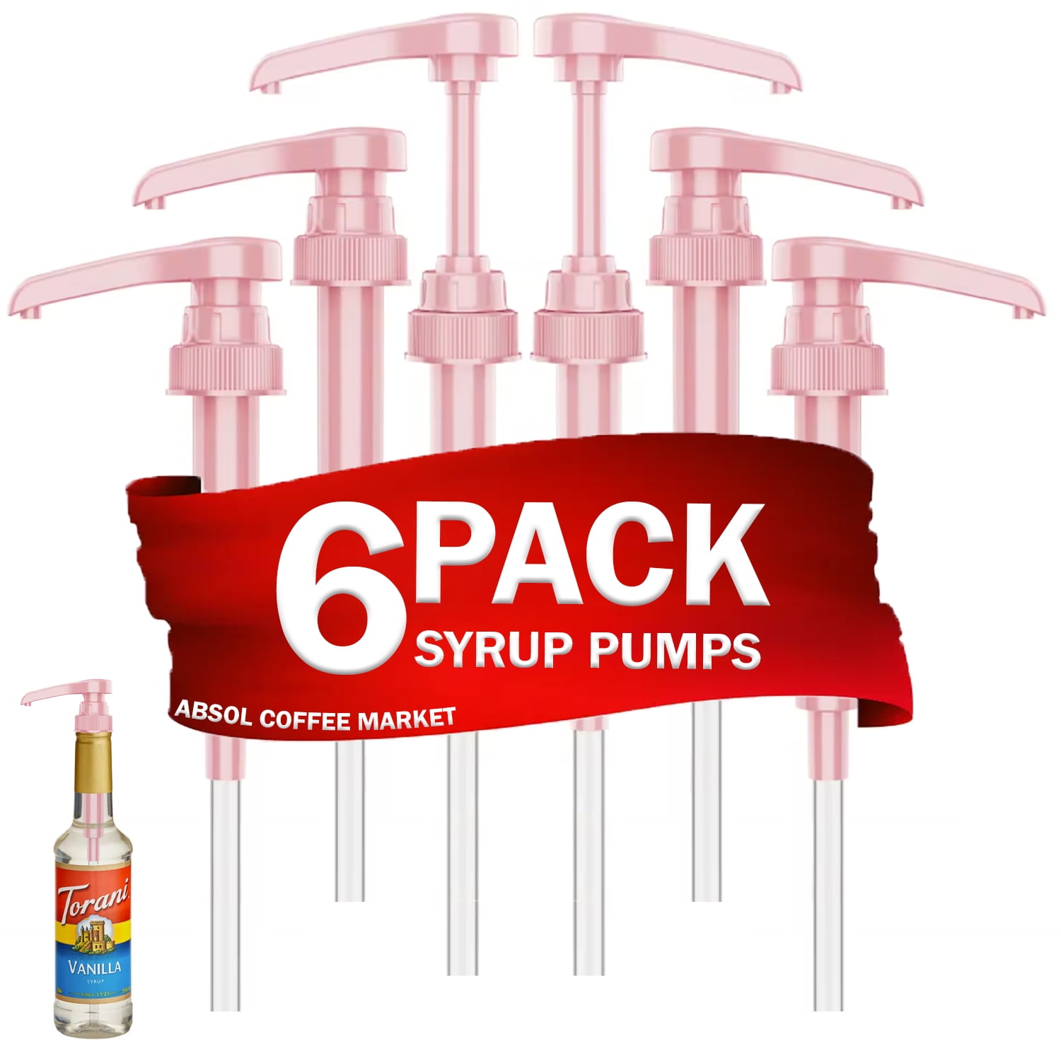 Pink Coffee Syrup Pump, 6 Pack, for 750ml/25.4 oz Syrup Bottle, Pink