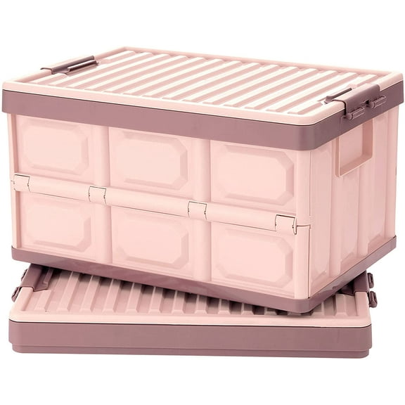 Pink Collapsible Storage Bins with Lids 2-Pack, Folding Plastic Stackable Utility Crates 30L, Durable Containers for Home & Garage Organization
