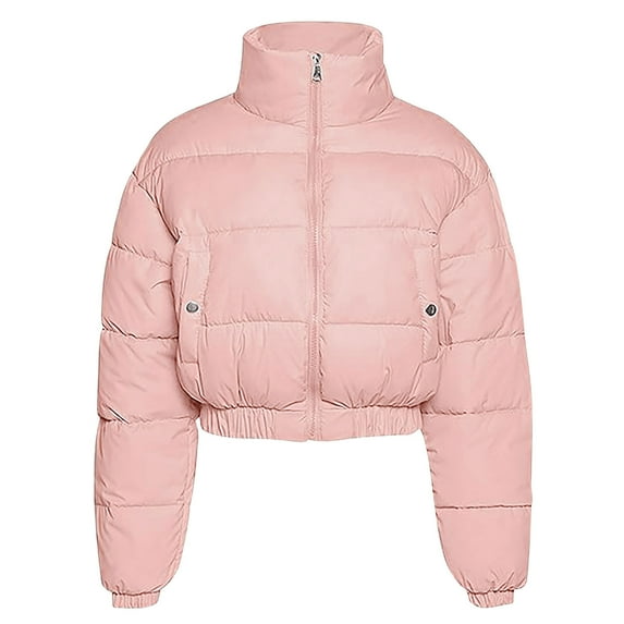Pink Collared Neck for Women Fall Winter Long Sleeve Slim Tunic Cropped Going Out Thermal Puffer Basic Padded Jacket Outfits Ladies Zip Up 2025 Clothing L