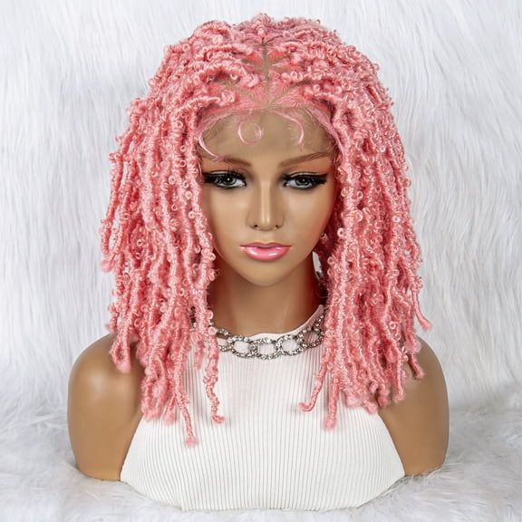 Pink Color Braided Wigs for Black Women Double Full Lace Knotless Box Short Bob Dreadlock Braided Wigs Synthetic Lace Front Braided Wigs with Baby Hair Handmade Braided Wigs 14 inches