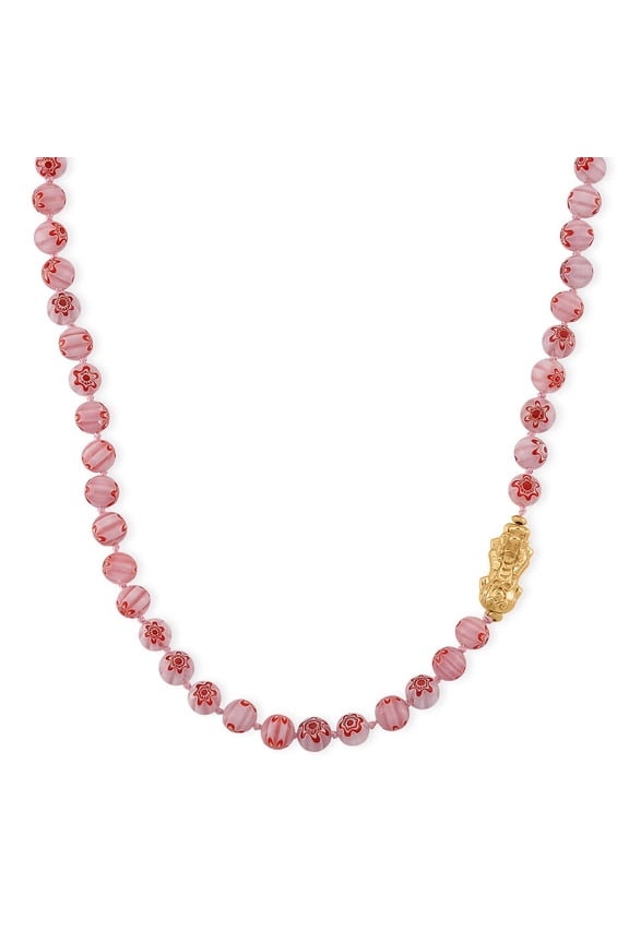 Pink Color Murano Style Beaded Necklace with Pixiu Charm in Goldtone 20 Inches