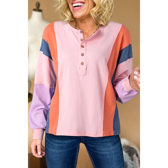 Pink Colorblock Long Sleeve Buttons Henley Top