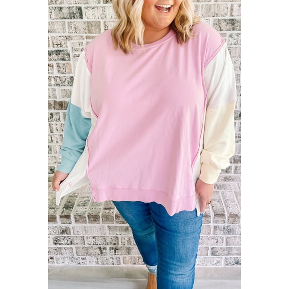 Pink Colorblock Patchwork Drop Shoulder Plus Size Sweatshirt