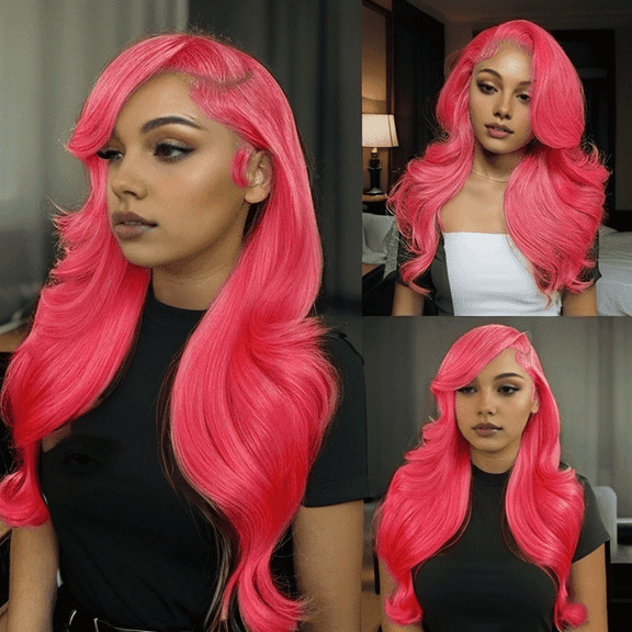 Pink Colored 13x4 Lace Front Wig Body Wave Brazilian Remy Human Hair Wigs Preplucked Natural Hairline High Density Elegant Hairstyle For Women Daily&Birthday&Wedding Use Wig 180 Density 28 Inch
