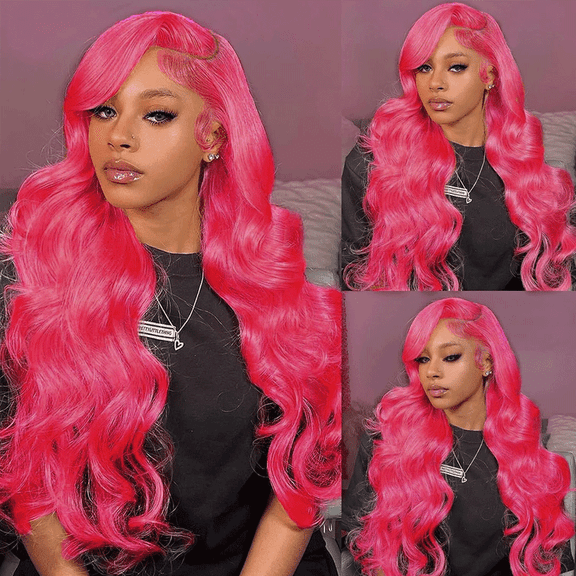 Pink Colored 13x4 Lace Front Wig Body Wave Brazilian Remy Human Hair Wigs Preplucked Natural Hairline High Density Elegant Hairstyle For Women Daily&Birthday&Wedding Use Wig 180 Density 26 Inch