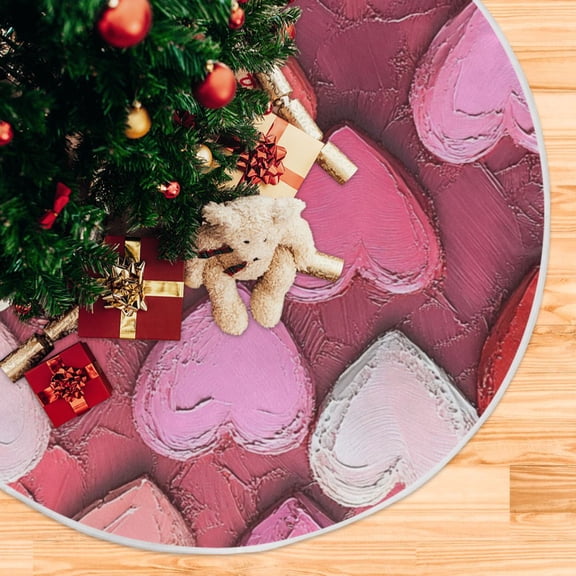 Pink Colored Painted Heart Christmas Tree Skirt Stand Mat Waterproof Floor Protection Mat for Holiday Decoration