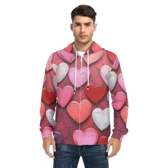 Pink Colored Painted Heart Men’s Hoodies Sweatshirt with Full Zip Pockets Fleece Jackets