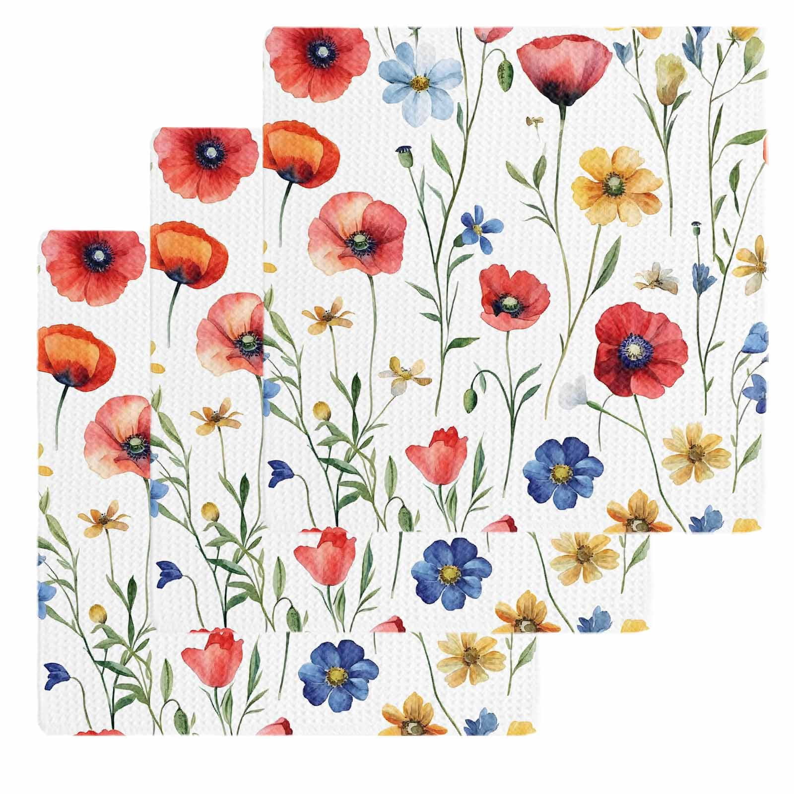 Pink Colorful Poppy Kitchen Dish Towels for Drying Dishes Set of 3, Spring Pastoral Flowers Leaves Waffle Weave Microfiber Hand Tea Bathroom Towels Quick Dry & Absorbent Towel 12x12