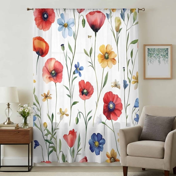 Pink Colorful Poppy Sheer Curtains 45 Inches Long, Spring Pastoral Flowers Leaves Light Filering Curtains, Breathable Simi Curtain Privacy Drapes for Kitchen Bathroom Small Window Treatment