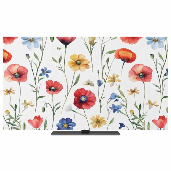 Pink Colorful Poppy TV Dust Cover,Stretchable TV Screen Desktop Computer Protector Cover,Spring Pastoral Flowers Leaves Television Dustproof Slipcover for 19–24 Inch Flat or Curved TVs