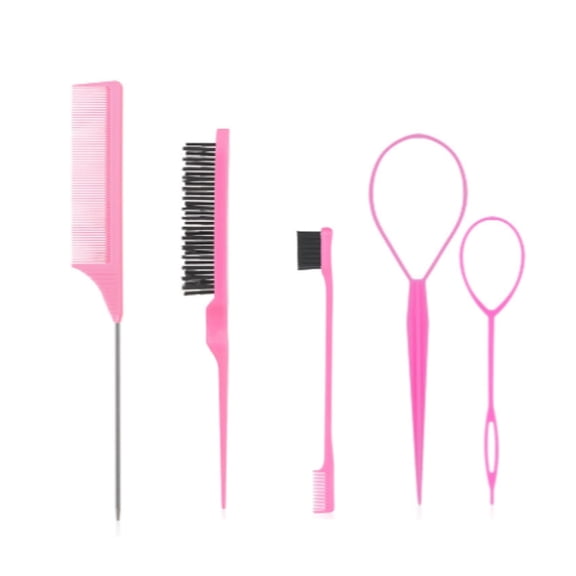 Pink Comb Set 5 piece, slick back hair brush with Edge Brush, Rat Tail Comb, Teasing Brush Set and Smoothing hair brush  kids comb